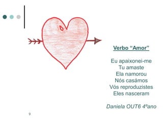 Verbo “Amor”

     Eu apaixonei-me
        Tu amaste
       Ela namorou
       Nós casámos
     Vós reproduzistes
      Eles nasceram

    Daniela OUT6 4ºano
9
 