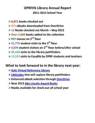 OPRFHS Library Annual Report
                    2011-2012 School Year

  6,871 books checked out
  271 eBooks downloaded from OverDrive
  12 Nooks checked out March – May 2012
  Over 2,000 books added to the collection
  957 classes on 2nd floor
  51,779 student visits to the 3rd floor
  4,674 student visitors on 2nd floor before/after school
  24,153 visits to the library pathfinders
  13,533 visits to EasyBib by OPRF students and teachers

What to look forward to in the library next year:
  Gale Virtual Reference Library
  LibGuides that will replace library pathfinders
  Enhanced eBook selection through OverDrive
  New 2013 Abe Lincoln Award Books
  Nooks available for check-out all school year
 