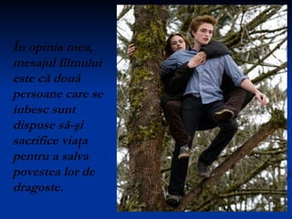 În opinia mea, mesajul filmului este că două persoane care se iubesc sunt dispuse să-şi sacrifice viaţa pentru a salva povestea lor de dragoste. 