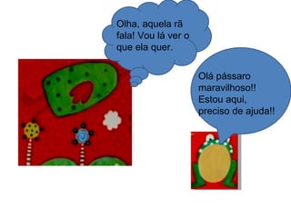 Olá pássaro maravilhoso!! Estou aqui, preciso de ajuda!! Olha, aquela rã fala! Vou lá ver o que ela quer. 