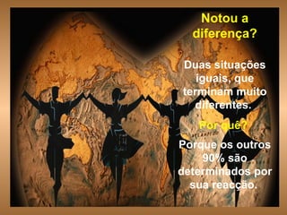 Notou a diferença? Duas situações iguais, que terminam muito diferentes.   Por quê?  Porque os outros 90% são determinados por sua reacção.   . 