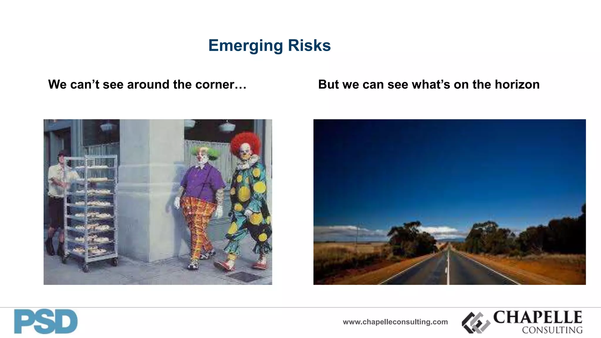 www.chapelleconsulting.com
Emerging Risks
We can’t see around the corner… But we can see what’s on the horizon
8
 