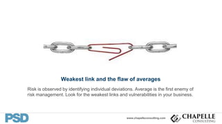 www.chapelleconsulting.com
Weakest link and the flaw of averages
Risk is observed by identifying individual deviations. Average is the first enemy of
risk management. Look for the weakest links and vulnerabilities in your business.
 