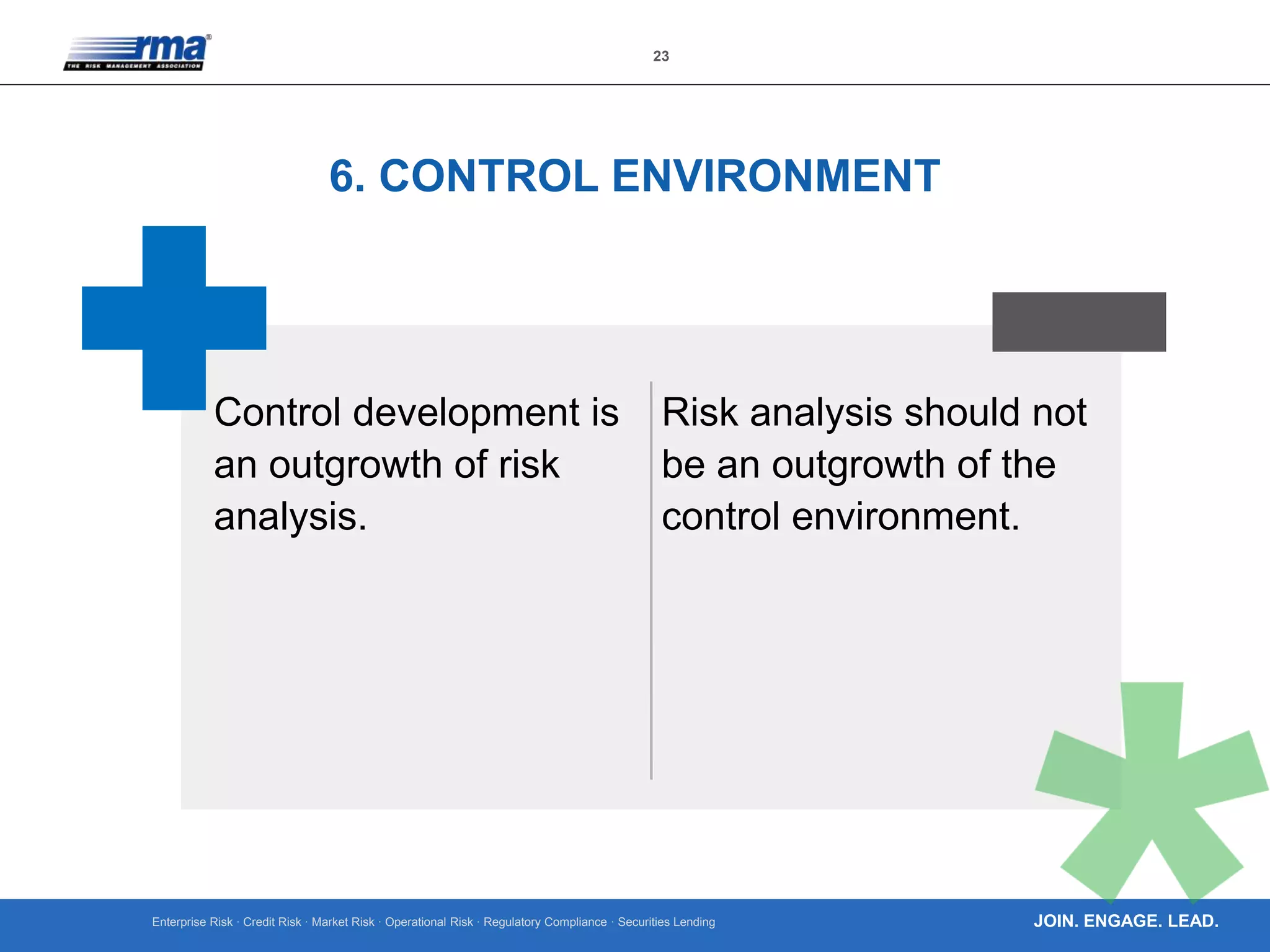 Enterprise Risk · Credit Risk · Market Risk · Operational Risk · Regulatory Compliance · Securities Lending
23
JOIN. ENGAGE. LEAD.
6. CONTROL ENVIRONMENT
Control development is
an outgrowth of risk
analysis.
Risk analysis should not
be an outgrowth of the
control environment.
 