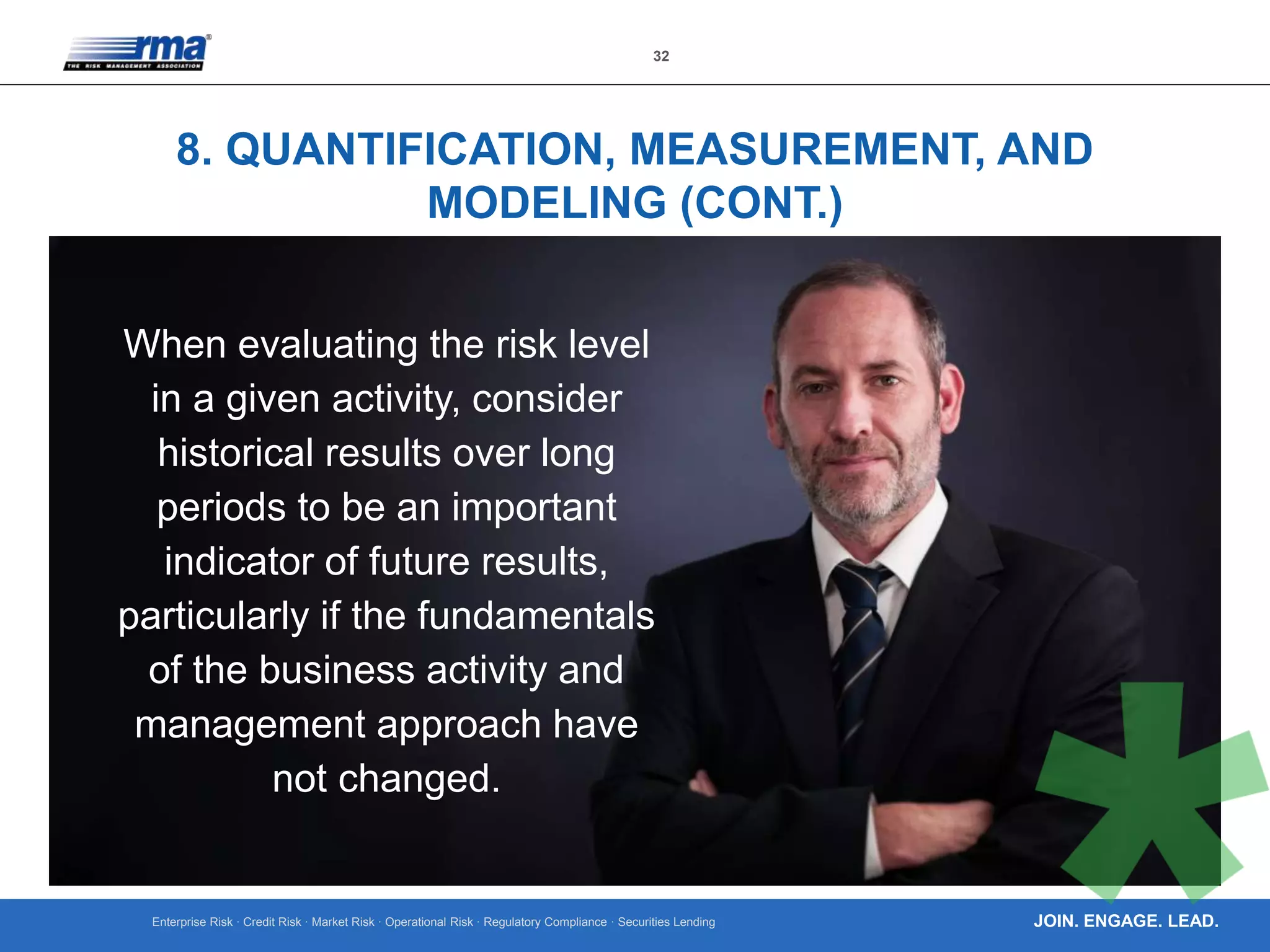 Enterprise Risk · Credit Risk · Market Risk · Operational Risk · Regulatory Compliance · Securities Lending
32
JOIN. ENGAGE. LEAD.
8. QUANTIFICATION, MEASUREMENT, AND
MODELING (CONT.)
When evaluating the risk level
in a given activity, consider
historical results over long
periods to be an important
indicator of future results,
particularly if the fundamentals
of the business activity and
management approach have
not changed.
 