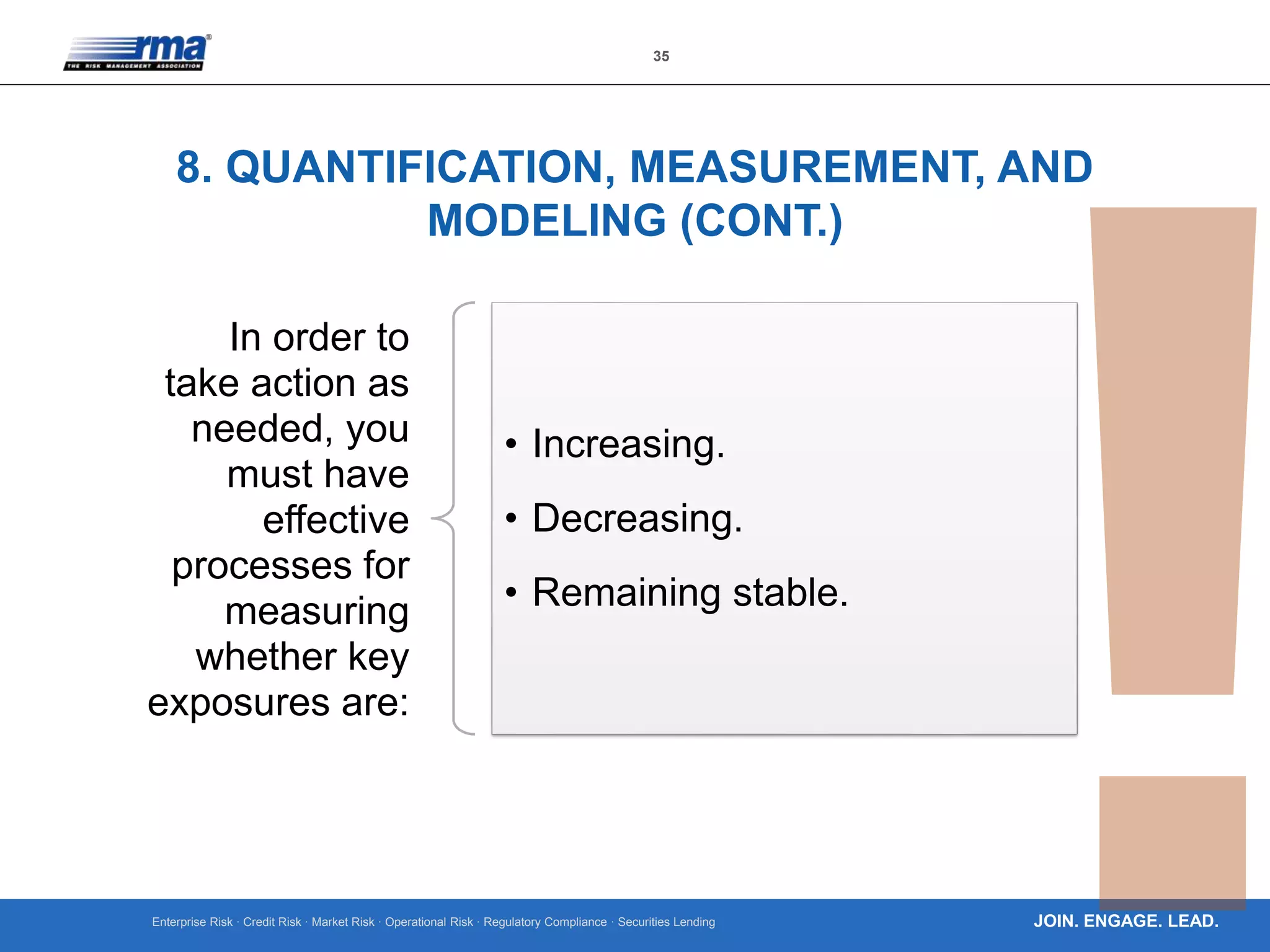 Enterprise Risk · Credit Risk · Market Risk · Operational Risk · Regulatory Compliance · Securities Lending
35
JOIN. ENGAGE. LEAD.
8. QUANTIFICATION, MEASUREMENT, AND
MODELING (CONT.)
In order to
take action as
needed, you
must have
effective
processes for
measuring
whether key
exposures are:
• Increasing.
• Decreasing.
• Remaining stable.
 