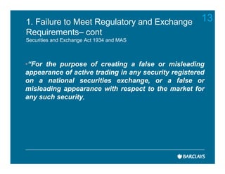 1. Failure to Meet Regulatory and Exchange            13
Requirements– cont
Securities and Exchange Act 1934 and MAS



•“For the purpose of creating a false or misleading
appearance of active trading in any security registered
on a national securities exchange, or a false or
misleading appearance with respect to the market for
any such security,
 
