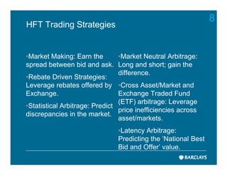 8
HFT Trading Strategies


•Market Making: Earn the        •Market Neutral Arbitrage:
spread between bid and ask. Long and short; gain the
                                difference.
•Rebate Driven Strategies:
Leverage rebates offered by •Cross Asset/Market and
Exchange.                       Exchange Traded Fund
                                (ETF) arbitrage: Leverage
•Statistical Arbitrage: Predict
                                price inefficiencies across
discrepancies in the market.
                                asset/markets.
                               •Latency Arbitrage:
                               Predicting the ‘National Best
                               Bid and Offer’ value.
 