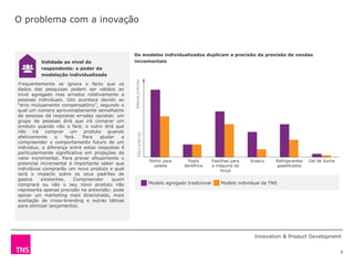 O problema com a inovação


                                                 Os modelos individualizados duplicam a precisão da previsão de vendas
          Validade ao nível do                   incrementais
          respondente: o poder da
          modelação individualizada

Frequentemente se ignora o facto que os
dados das pesquisas podem ser válidos ao
nível agregado mas errados relativamente a
pessoas individuais. Isto acontece devido ao
“erro mutuamente compensatório”, segundo o
qual um número aproximadamente semelhante
de pessoas dá respostas erradas opostas: um
grupo de pessoas dirá que irá comprar um
produto quando não o fará; o outro dirá que
não irá comprar um produto quando
efetivamente     o   fará.   Para   ajudar   a
compreender o comportamento futuro de um
indivíduo, a diferença entre estas respostas é
particularmente significativa em projeções de
valor incremental. Para prever eficazmente o
                                                      Molho para       Pasta        Pastilhas para   Snakcs    Refrigerantes   Gel de duche
potencial incremental é importante saber que            salada       dentífrica     a máquina da               gaseificados
indivíduos comprarão um novo produto e qual                                             louça
será o impacto sobre os seus padrões de
gastos    existentes.    Compreender     quem
comprará ou não o seu novo produto não                Modelo agregado tradicional       Modelo individual da TNS
representa apenas precisão na antevisão: pode
apoiar um marketing mais direcionado, mais
aceitação de cross-branding e outras táticas
para otimizar lançamentos.




                                                                                                      Innovation & Product Development


                                                                                                                                              8
 