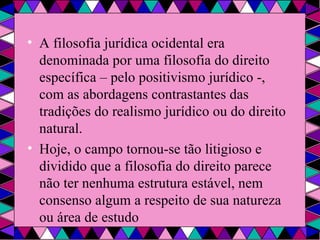 A filosofia jurídica ocidental era denominada por uma filosofia do direito específica – pelo positivismo jurídico -, com as abordagens contrastantes das tradições do realismo jurídico ou do direito natural. Hoje, o campo tornou-se tão litigioso e dividido que a filosofia do direito parece não ter nenhuma estrutura estável, nem consenso algum a respeito de sua natureza ou área de estudo 