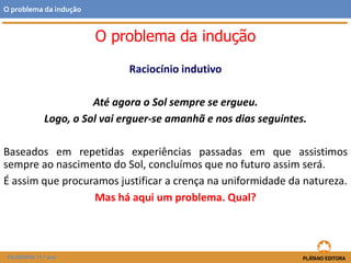 Raciocínio indutivo
Até agora o Sol sempre se ergueu.
Logo, o Sol vai erguer-se amanhã e nos dias seguintes.
Baseados em repetidas experiências passadas em que assistimos
sempre ao nascimento do Sol, concluímos que no futuro assim será.
É assim que procuramos justificar a crença na uniformidade da natureza.
Mas há aqui um problema. Qual?
FILOSOFIA 11.º ano
O problema da indução
O problema da indução
 