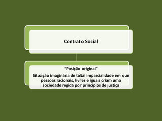 Contrato Social



                “Posição original”
Situação imaginária de total imparcialidade em que
    pessoas racionais, livres e iguais criam uma
     sociedade regida por princípios de justiça
 