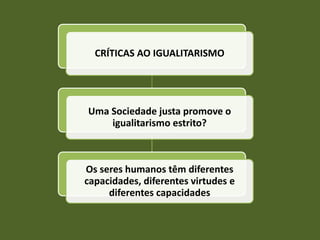 CRÍTICAS AO IGUALITARISMO




Uma Sociedade justa promove o
    igualitarismo estrito?



Os seres humanos têm diferentes
capacidades, diferentes virtudes e
     diferentes capacidades
 