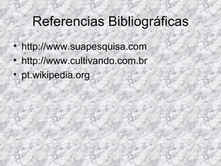 Referencias Bibliográficas http://www.suapesquisa.com http://www.cultivando.com.br pt.wikipedia.org 