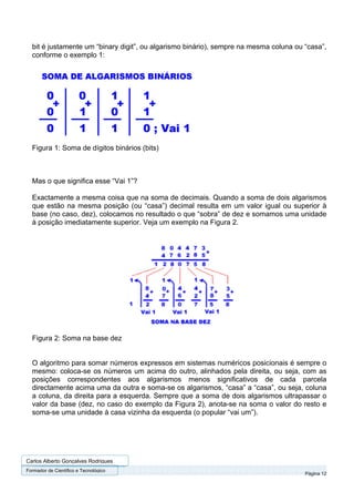 bit é justamente um “binary digit”, ou algarismo binário), sempre na mesma coluna ou “casa”,
  conforme o exemplo 1:




  Figura 1: Soma de dígitos binários (bits)



  Mas o que significa esse “Vai 1”?

  Exactamente a mesma coisa que na soma de decimais. Quando a soma de dois algarismos
  que estão na mesma posição (ou “casa”) decimal resulta em um valor igual ou superior à
  base (no caso, dez), colocamos no resultado o que “sobra” de dez e somamos uma unidade
  à posição imediatamente superior. Veja um exemplo na Figura 2.




  Figura 2: Soma na base dez


  O algoritmo para somar números expressos em sistemas numéricos posicionais é sempre o
  mesmo: coloca-se os números um acima do outro, alinhados pela direita, ou seja, com as
  posições correspondentes aos algarismos menos significativos de cada parcela
  directamente acima uma da outra e soma-se os algarismos, “casa” a “casa”, ou seja, coluna
  a coluna, da direita para a esquerda. Sempre que a soma de dois algarismos ultrapassar o
  valor da base (dez, no caso do exemplo da Figura 2), anota-se na soma o valor do resto e
  soma-se uma unidade à casa vizinha da esquerda (o popular “vai um”).




Carlos Alberto Gonçalves Rodrigues
Formador de Cientifico e Tecnológico
                                                                                       Página 12
 