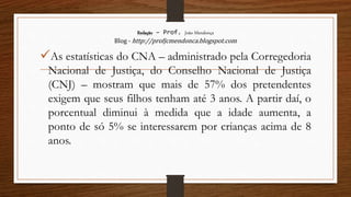 Redação – Prof. João Mendonça
Blog - http://profjcmendonca.blogspot.com
As estatísticas do CNA – administrado pela Corregedoria
Nacional de Justiça, do Conselho Nacional de Justiça
(CNJ) – mostram que mais de 57% dos pretendentes
exigem que seus filhos tenham até 3 anos. A partir daí, o
porcentual diminui à medida que a idade aumenta, a
ponto de só 5% se interessarem por crianças acima de 8
anos.
 