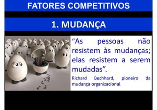 “As pessoas não
resistem às mudanças;
elas resistem a serem
mudadas”.
Richard Bechhard, pioneiro da
mudança organizacional.
1. MUDANÇA
FATORES COMPETITIVOS
 