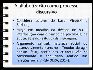 A alfabetização como processo
discursivo
• Considera autores de base: Vigotski e
Bakhtin;
• Surge em meados da década de 80 –
interlocução com o campo da psicologia, da
educação e dos estudos da linguagem;
• Argumento central: natureza social do
desenvolvimento humano – “modos de agir,
pensar, falar, sentir das crianças vão se
constituindo e adquirindo sentido nas
relações sociais” (SMOLKA, 2014).
 