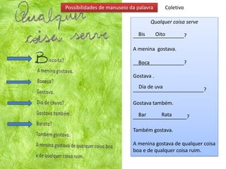 Qualquer coisa serve
__________________?
A menina gostava.
__________________?
Gostava .
_________________________?
Gostava também.
___________________?
Também gostava.
A menina gostava de qualquer coisa
boa e de qualquer coisa ruim.
ColetivoPossibilidades de manuseio da palavra
Bis
Boca
Dia de uva
Rata
Oito
Bar
 