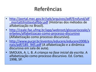 Referências
• http://portal.mec.gov.br/seb/arquivos/pdf/Ensfund/alf
_mortattihisttextalfbbr.pdf (Histórias dos métodos de
alfabetização no Brasil).
• http://ceale.fae.ufmg.br/app/webroot/glossarioceale/v
erbetes/alfabetizacao-como-processo-discursivo
(Alfabetização como processo discursivo).
• http://www.pucpr.br/eventos/educere/educere2008/a
nais/pdf/185_945.pdf (A alfabetização e a dinâmica
discursiva em sala de aula).
• SMOLKA, A. L. B. A criança na fase inicial da escrita. A
alfabetização como processo discursivo. Ed. Cortez.
1998, SP.
 