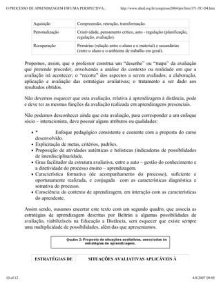 O PROCESSO DE APRENDIZAGEM EM UMA PERSPECTIVA...              http://www.abed.org.br/congresso2004/por/htm/171-TC-D4.htm



               Aquisição             Compreensão, retenção, transformação.
               Personalização        Criatividade, pensamento crítico, auto - regulação (planificação,
                                     regulação, avaliação).
               Recuperação           Primárias (relação entre o aluno e o material) e secundárias
                                     (entre o aluno e o ambiente de trabalho em geral).

           Propomos, assim, que o professor construa um “desenho” ou “mapa” da avaliação
           que pretende proceder, envolvendo a análise do contexto ou realidade em que a
           avaliação irá acontecer; o “recorte” dos aspectos a serem avaliados; a elaboração,
           aplicação e avaliação das estratégias avaliativas; o tratamento a ser dado aos
           resultados obtidos.

           Não devemos esquecer que esta avaliação, relativa à aprendizagem à distância, pode
           e deve ter as mesmas funções da avaliação realizada em aprendizagens presenciais.

           Não podemos desconhecer ainda que esta avaliação, para corresponder a um enfoque
           sócio – interacionista, deve possuir alguns atributos ou qualidades:

                *          Enfoque pedagógico consistente e coerente com a proposta do curso
                desenvolvido.
                Explicitação de metas, critérios, padrões.
                Proposição de atividades autênticas e holísticas (indicadoras de possibilidades
                de interdisciplinaridade.
                Grau facilitador da estrutura avaliativa, entre a auto – gestão do conhecimento e
                a diretividade do processo ensino – aprendizagem.
                Característica formativa (de acompanhamento do processo), suficiente e
                oportunamente realizada, e conjugada com as características diagnóstica e
                somativa do processo.
                Consciência do contexto de aprendizagem, em interação com as características
                do aprendente.

           Assim sendo, ousamos encerrar este texto com um segundo quadro, que associa as
           estratégias de aprendizagem descritas por Beltrán a algumas possibilidades de
           avaliação, viabilizáveis na Educação a Distância, sem esquecer que existe sempre
           uma multiplicidade de possibilidades, além das que apresentamos.




               ESTRATÉGIAS DE              SITUAÇÕES AVALIATIVAS APLICÁVEIS À



10 of 12                                                                                                  4/8/2007 09:05
 