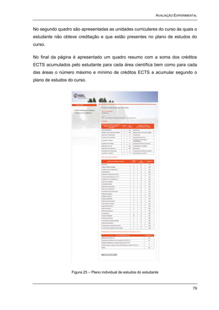 AVALIAÇÃO EXPERIMENTAL


No segundo quadro são apresentadas as unidades curriculares do curso às quais o
estudante não obteve creditação e que estão presentes no plano de estudos do
curso.

No final da página é apresentado um quadro resumo com a soma dos créditos
ECTS acumulados pelo estudante para cada área científica bem como para cada
das áreas o número máximo e mínimo de créditos ECTS a acumular segundo o
plano de estudos do curso.




                  Figura 25 – Plano individual de estudos do estudante



                                                                                       79
 
