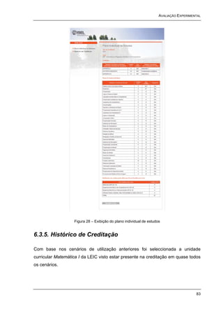 AVALIAÇÃO EXPERIMENTAL




                   Figura 28 – Exibição do plano individual de estudos


6.3.5. Histórico de Creditação

Com base nos cenários de utilização anteriores foi seleccionada a unidade
curricular Matemática I da LEIC visto estar presente na creditação em quase todos
os cenários.




                                                                                        83
 