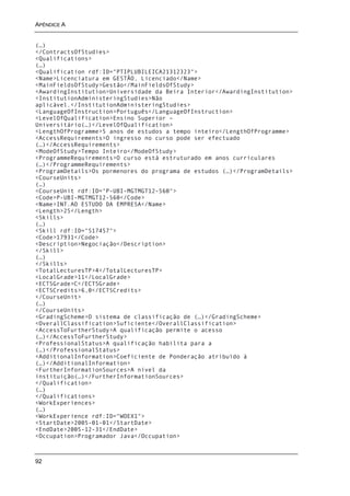 APÊNDICE A


(…)
</ContractsOfStudies>
<Qualifications>
(…)
<Qualification rdf:ID="PTIPLUBILEICA21312323">
<Name>Licenciatura em GESTÃO, Licenciado</Name>
<MainFieldsOfStudy>Gestão</MainFieldsOfStudy>
<AwardingInstitution>Universidade da Beira Interior</AwardingInstitution>
<InstitutionAdministeringStudies>Não
aplicável.</InstitutionAdministeringStudies>
<LanguageOfInstruction>Português</LanguageOfInstruction>
<LevelOfQualification>Ensino Superior –
Universitário(…)</LevelOfQualification>
<LengthOfProgramme>5 anos de estudos a tempo inteiro</LengthOfProgramme>
<AccessRequirements>O ingresso no curso pode ser efectuado
(…)</AccessRequirements>
<ModeOfStudy>Tempo Inteiro</ModeOfStudy>
<ProgrammeRequirements>O curso está estruturado em anos curriculares
(…)</ProgrammeRequirements>
<ProgramDetails>Os pormenores do programa de estudos (…)</ProgramDetails>
<CourseUnits>
(…)
<CourseUnit rdf:ID="P-UBI-MGTMGT12-560">
<Code>P-UBI-MGTMGT12-560</Code>
<Name>INT.AO ESTUDO DA EMPRESA</Name>
<Length>2S</Length>
<Skills>
(…)
<Skill rdf:ID="S17457">
<Code>17931</Code>
<Description>Negociação</Description>
</Skill>
(…)
</Skills>
<TotalLecturesTP>4</TotalLecturesTP>
<LocalGrade>11</LocalGrade>
<ECTSGrade>C</ECTSGrade>
<ECTSCredits>6,0</ECTSCredits>
</CourseUnit>
(…)
</CourseUnits>
<GradingScheme>O sistema de classificação de (…)</GradingScheme>
<OverallClassification>Suficiente</OverallClassification>
<AccessToFurtherStudy>A qualificação permite o acesso
(…)</AccessToFurtherStudy>
<ProfessionalStatus>A qualificação habilita para a
(…)</ProfessionalStatus>
<AdditionalInformation>Coeficiente de Ponderação atribuído à
(…)</AdditionalInformation>
<FurtherInformationSources>A nível da
instituição(…)</FurtherInformationSources>
</Qualification>
(…)
</Qualifications>
<WorkExperiences>
(…)
<WorkExperience rdf:ID="WOEX1">
<StartDate>2005-01-01</StartDate>
<EndDate>2005-12-31</EndDate>
<Occupation>Programador Java</Occupation>



92
 