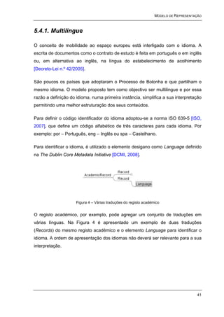 MODELO DE REPRESENTAÇÃO



5.4.1. Multilingue

O conceito de mobilidade ao espaço europeu está interligado com o idioma. A
escrita de documentos como o contrato de estudo é feita em português e em inglês
ou, em alternativa ao inglês, na língua do estabelecimento de acolhimento
[Decreto-Lei n.º 42/2005].

São poucos os países que adoptaram o Processo de Bolonha e que partilham o
mesmo idioma. O modelo proposto tem como objectivo ser multilingue e por essa
razão a definição do idioma, numa primeira instância, simplifica a sua interpretação
permitindo uma melhor estruturação dos seus conteúdos.

Para definir o código identificador do idioma adoptou-se a norma ISO 639-5 [ISO,
2007], que define um código alfabético de três caracteres para cada idioma. Por
exemplo: por – Português, eng – Inglês ou spa – Castelhano.

Para identificar o idioma, é utilizado o elemento desigano como Language definido
na The Dublin Core Metadata Initiative [DCMI, 2008].




                     Figura 4 – Várias traduções do registo académico


O registo académico, por exemplo, pode agregar um conjunto de traduções em
várias línguas. Na Figura 4 é apresentado um exemplo de duas traduções
(Records) do mesmo registo académico e o elemento Language para identificar o
idioma. A ordem de apresentação dos idiomas não deverá ser relevante para a sua
interpretação.




                                                                                      41
 