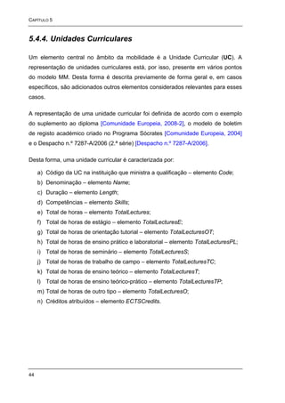 CAPÍTULO 5



5.4.4. Unidades Curriculares

Um elemento central no âmbito da mobilidade é a Unidade Curricular (UC). A
representação de unidades curriculares está, por isso, presente em vários pontos
do modelo MM. Desta forma é descrita previamente de forma geral e, em casos
específicos, são adicionados outros elementos considerados relevantes para esses
casos.

A representação de uma unidade curricular foi definida de acordo com o exemplo
do suplemento ao diploma [Comunidade Europeia, 2008-2], o modelo de boletim
de registo académico criado no Programa Sócrates [Comunidade Europeia, 2004]
e o Despacho n.º 7287-A/2006 (2.ª série) [Despacho n.º 7287-A/2006].

Desta forma, uma unidade curricular é caracterizada por:

     a) Código da UC na instituição que ministra a qualificação – elemento Code;
     b) Denominação – elemento Name;
     c) Duração – elemento Length;
     d) Competências – elemento Skills;
     e) Total de horas – elemento TotalLectures;
     f) Total de horas de estágio – elemento TotalLecturesE;
     g) Total de horas de orientação tutorial – elemento TotalLecturesOT;
     h) Total de horas de ensino prático e laboratorial – elemento TotalLecturesPL;
     i) Total de horas de seminário – elemento TotalLecturesS;
     j) Total de horas de trabalho de campo – elemento TotalLecturesTC;
     k) Total de horas de ensino teórico – elemento TotalLecturesT;
     l) Total de horas de ensino teórico-prático – elemento TotalLecturesTP;
     m) Total de horas de outro tipo – elemento TotalLecturesO;
     n) Créditos atribuídos – elemento ECTSCredits.




44
 