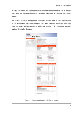 AVALIAÇÃO EXPERIMENTAL


No segundo quadro são apresentadas as unidades curriculares do curso às quais o
estudante não obteve creditação e que estão presentes no plano de estudos do
curso.

No final da página é apresentado um quadro resumo com a soma dos créditos
ECTS acumulados pelo estudante para cada área científica bem como para cada
uma das áreas o número máximo e mínimo de créditos ECTS a acumular segundo
o plano de estudos do curso.




                 Figura 19 – Apresentação do plano individual de estudos


                                                                                       73
 