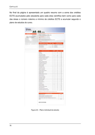 CAPÍTULO 6


No final da página é apresentado um quadro resumo com a soma dos créditos
ECTS acumulados pelo estudante para cada área científica bem como para cada
das áreas o número máximo e mínimo de créditos ECTS a acumular segundo o
plano de estudos do curso.




                        Figura 22 – Plano individual de estudos




76
 