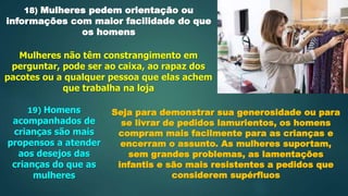 18) Mulheres pedem orientação ou
informações com maior facilidade do que
os homens
Mulheres não têm constrangimento em
perguntar, pode ser ao caixa, ao rapaz dos
pacotes ou a qualquer pessoa que elas achem
que trabalha na loja
19) Homens
acompanhados de
crianças são mais
propensos a atender
aos desejos das
crianças do que as
mulheres
Seja para demonstrar sua generosidade ou para
se livrar de pedidos lamurientos, os homens
compram mais facilmente para as crianças e
encerram o assunto. As mulheres suportam,
sem grandes problemas, as lamentações
infantis e são mais resistentes a pedidos que
considerem supérfluos
 