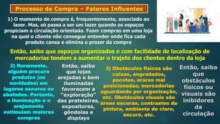 Processo de Compra – Fatores Influentes
1) O momento de compra é, frequentemente, associado ao
lazer. Mas, só passa a ser um lazer quando os espaços
propiciam a circulação orientada. Fazer compras em uma loja
na qual o cliente não consegue entender onde fica cada
produto cansa e elimina o prazer da compra
Então, saiba que espaços organizados e com facilidade de localização de
mercadorias tendem a aumentar o trajeto dos clientes dentro da loja
2) Raramente,
alguém procura
produtos (ou
novidades) em
lugares escuros ou
abafados. Portanto,
a iluminação e o
arejamento
estimulam maiores
compras
Então, saiba
que lojas
arejadas e bem
iluminadas
favorecem a
“exploração”
das prateleiras,
expositores,
gôndolas e
displays
3) Obstáculos físicos são
caixas, engradados,
pacotes, araras mal
posicionadas, mercadorias
aguardando por organização,
etc. Obstáculos visuais são
áreas escuras, contrastes de
pintura, ambiente de claro,
escuro, etc.
Então, saiba
que
obstáculos
físicos ou
visuais são
inibidores
da
circulação
 