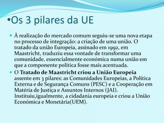 •Os 3 pilares da UE
 À realização do mercado comum seguiu-se uma nova etapa
no processo de integração: a criação de uma união. O
tratado da união Europeia, assinado em 1992, em
Maastricht, traduziu essa vontade de transformar uma
comunidade, essencialmente económica numa união em
que a componente política fosse mais acentuada.
 O Tratado de Maastricht criou a União Europeia
assente em 3 pilares: as Comunidades Europeias, a Política
Externa e de Segurança Comuns (PESC) e a Cooperação em
Matéria de Justiça e Assuntos Internos (JAI).
Instituiu,igualmente, a cidadania europeia e criou a União
Económica e Monetária(UEM).
 