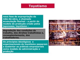 Toyotismo
nova fase de expropriação da
mão-de-obra, a chamada
acumulação flexível - a partir do
modelo de produção criado pelos
japoneses, toyotismo degradação das condições de
trabalho, dos direitos trabalhistas e,
conseqüentemente, dos
trabalhadores.
Os princípios ideológicos e
organizacionais do toyotismo passaram
a sustentar as práticas empresariais
como modelo de administração e
produção

 