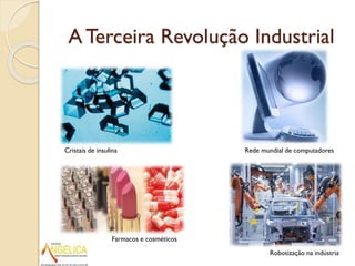 A Terceira Revolução Industrial

Cristais de insulina

Rede mundial de computadores

Farmacos e cosméticos
Robotização na indústria

 