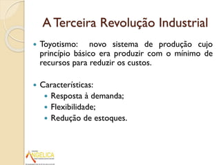 A Terceira Revolução Industrial


Toyotismo: novo sistema de produção cujo
princípio básico era produzir com o mínimo de
recursos para reduzir os custos.



Características:
 Resposta à demanda;
 Flexibilidade;
 Redução de estoques.

 