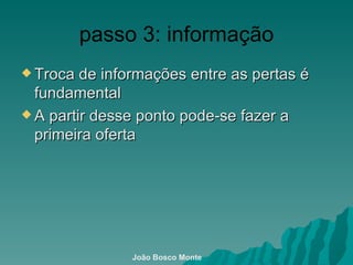 passo 3: informação Troca de informações entre as pertas é fundamental  A partir desse ponto pode-se fazer a primeira oferta João Bosco Monte 