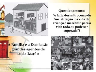 Questionamento:
“A falta desse Processo de
Socialização na vida da
criança é marcante para a
vida toda ou pode ser
superada”?
A Família e a Escola são
grandes agentes de
socialização
quinta-feira, 17 de abril de
2014
5
 