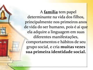 A família tem papel
determinante na vida dos filhos,
principalmente nos primeiros anos
de vida do ser humano, pois é ai que
ela adquire a linguagem em suas
diferentes manifestações,
comportamentos e hábitos de seu
grupo social, e cria muitas vezes
sua primeira identidade social.
quinta-feira, 17 de abril de
2014
6
 