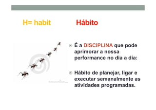 H= habit Hábito
É a DISCIPLINA que pode
aprimorar a nossa
performance no dia a dia:
Hábito de planejar, ligar e
executar semanalmente as
atividades programadas.
 