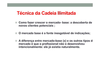 Técnica da Cadeia Ilimitada
Como fazer crescer o mercado- base: a descoberta de
novos clientes potenciais ;
O mercado base é a fonte inesgotável de indicações;
A diferença entre mercado-base (x) e os outros tipos de
mercado é que o profissional não o desenvolveu
intencionalmente: ele já existia naturalmente.
 