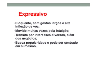 Expressivo
• Eloquente, com gestos largos e alta
inflexão de voz;
• Movido muitas vezes pela intuição;
• Transita por interesses diversos, além
dos negócios;
• Busca popularidade e pode ser centrado
em si mesmo.
 