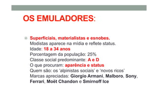 OS EMULADORES:
Superficiais, materialistas e esnobes.
Modistas aparece na mídia e reflete status.
Idade: 18 a 34 anos
Porcentagem da população: 25%
Classe social predominante: A e D
O que procuram: aparência e status
Quem são: os ‘alpinistas sociais’ e ‘novos ricos’
Marcas apreciadas: Giorgio Armani, Malboro, Sony,
Ferrari, Moët Chandon e Smirnoff Ice
 