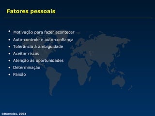 Fatores pessoais Motivação para fazer acontecer Auto-controle e auto-confiança Tolerância à ambiguidade Aceitar riscos Atenção às oportunidades Determinação Paixão 