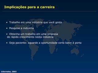 Implicações para a carreira Trabalhe em uma indústria que você goste Pesquise a indústria Obtenha um trabalho em uma empresa de rápido crescimento nesta indústria Seja paciente: aguarde a oportunidade certa bater à porta 