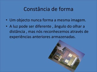 Constância de forma Um objecto nunca forma a mesma imagem. A luz pode ser diferente , ângulo do olhar a distância , mas nós reconhecemos através de experiências anteriores armazenadas. 