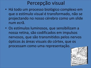 Percepção visual Há todo um processo biológico complexo em que o estímulo visual é transformado, não se projectando no nosso cérebro como um slide num ecrã. Os estímulos luminosos, que sensibilizam a nossa retina, são codificados em impulsos nervosos, que são transmitidos pelos nervos ópticos ás áreas visuais do córtex, que os processam como uma representação.  