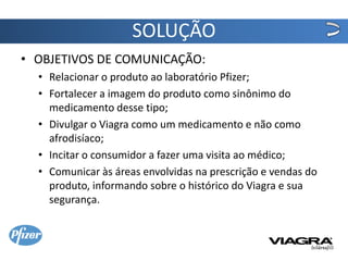SOLUÇÃO
• OBJETIVOS DE COMUNICAÇÃO:
  • Relacionar o produto ao laboratório Pfizer;
  • Fortalecer a imagem do produto como sinônimo do
    medicamento desse tipo;
  • Divulgar o Viagra como um medicamento e não como
    afrodisíaco;
  • Incitar o consumidor a fazer uma visita ao médico;
  • Comunicar às áreas envolvidas na prescrição e vendas do
    produto, informando sobre o histórico do Viagra e sua
    segurança.
 